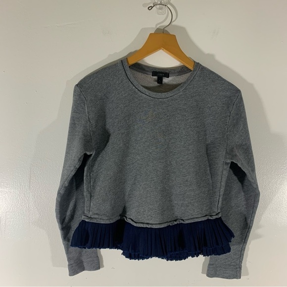 J Crew Crewneck Sweatshirt Gray Navy Blue Ruffled Hem High-Lo Small - Picture 2 of 7
